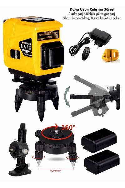 BÖHRER 360° 12 Köşe 3 Satır Otomatik Hizalama Su Terazili Yeşil Çizgi Lazer Hizalama