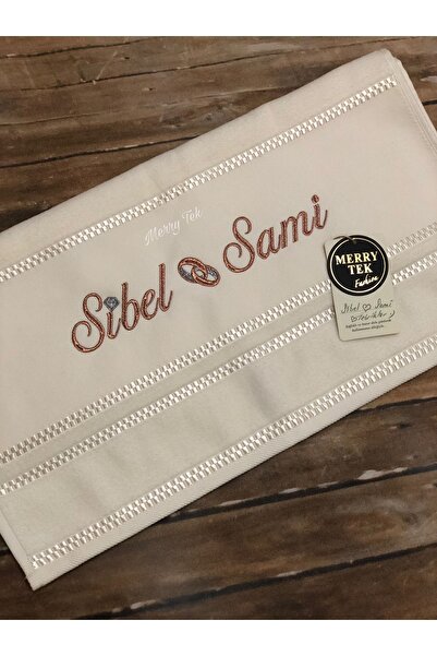MERRY TEK İsimli Gelin Damat Havlusu Söz Nişan Düğün Hediye Bakır Metalik Nak...