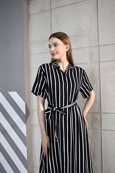 DEEFWEAR Kadın Çizgili Kısa Kollu Kuşaklı Gömlek Elbise