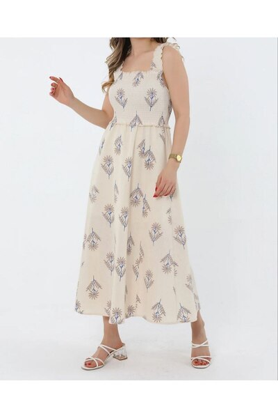 DEEFWEAR Leaf Patterned Linen Women's Dress - with Guipes and Lined Straps