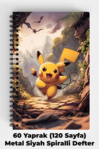 Anime Marketi Pokemon Pikachu Tasarımlı A5 Spiralli Sert Kapak Defter 120 Sayfa