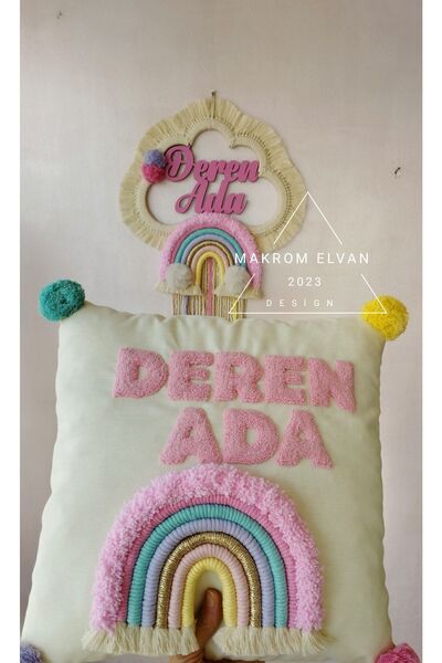 makrom elvan Kız Bebek Odası Takımı Makrome Kapı Süsü Ve Punch Nakışlı Yastık Takım