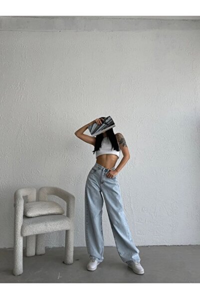 LAMİRAMOOD Ψηλόμεσο μακρύ πλυμένο φαρδύ τζιν - με αγκράφα και ρυθμιζόμενη ζώνη