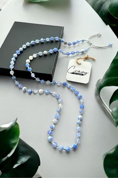 CRAZY TAKI TASARIM قلادة طويلة للجنسين من حجر العقيق الطبيعي بطول 70-80 سم