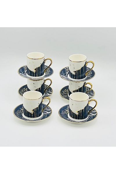 Tekbir Tekbir Vintage Dark Blue Scenic Porcelain Kahe Cup Set