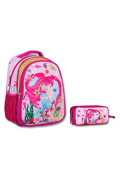 ÜMİT ÇANTA Cennec Pink Mermaid Primary School Backpack and Pen Holder Set - Girl