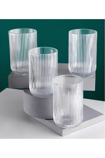 Vadi Lucca Minimalist 4-Piece Transparent Striped Glass Water Soft Drink Cup - 465 ml