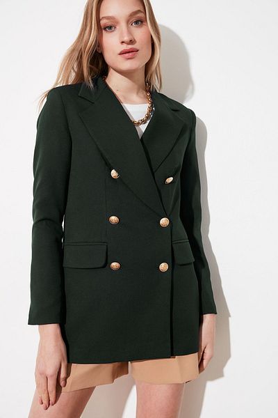 Trendyol Collection Khaki oversize podšitá dvouřadá tkaná bunda TWOSS20CE0024 se zapínáním