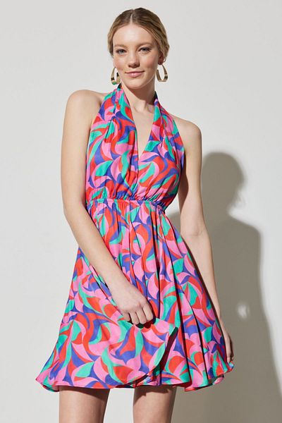 WRANGLER Damen-Partykleid mit normaler Passform, Neckholder-Ausschnitt und Fuchsia-Print