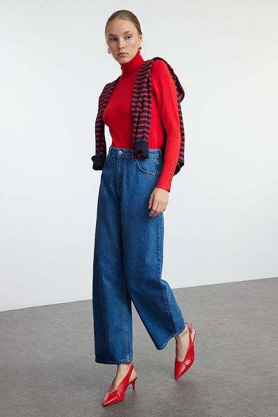 Trendyol Collection Blugi cu barrel cu talie înaltă - Blue Baggy Fit TWOAW25JE00084