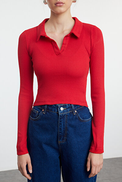 Trendyol Collection Rugalmas zsinóros piros nyakú pólóblúz - testhez simuló, TWOAW25BZ00083