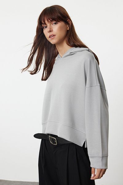 Trendyol Collection Soft Buttoned Gray Hooded Knitted Sweatshirt - Stitching Detail, Regular Cut TWOAW25SW00056