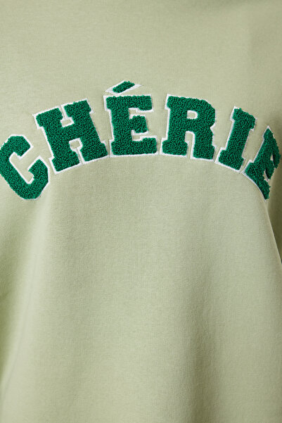 Trendyol Collection Mint barva – vyšívaný slogan, tlusté vnitřní, mikina uvolněného střihu Twoaw25sw00030