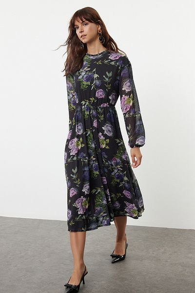 Trendyol Collection Flexible Stand Collar Foam Skater Dress - Multicolor Floral Print, TWOAW25EL00212