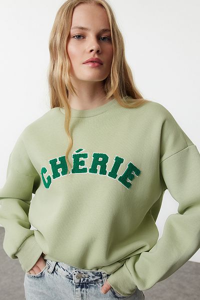 Trendyol Collection Mint barva – vyšívaný slogan, tlusté vnitřní, mikina uvolněného střihu Twoaw25sw00030