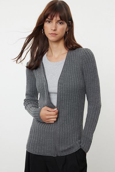 Trendyol Collection Corded Knitwear Anthracite Cardigan - Zippered, Twoaw25Hi00149