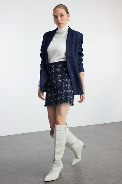 Trendyol Collection TWOAW21ET0026 - Sötétkék kockás mini Tweed szoknya