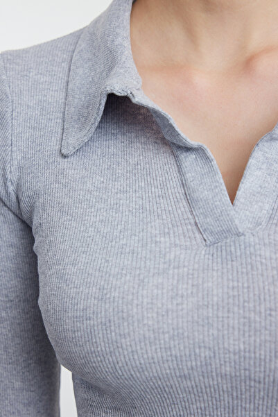 Trendyol Collection Stretchy Corded Gray Polo Neck Knitted Blouse - Fitted on the Body, Melange TWOAW25BZ00083