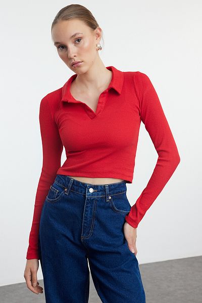 Trendyol Collection Stretchy Corded Red Polo Neck Blouse - Fitting on the Body, TWOAW25BZ00083