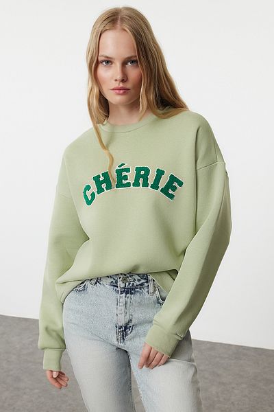 Trendyol Collection Mint barva – vyšívaný slogan, tlusté vnitřní, mikina uvolněného střihu Twoaw25sw00030