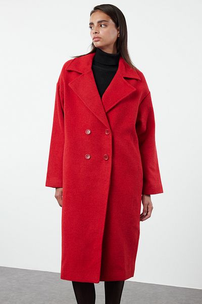 Trendyol Collection Langer Oversize-Mantel aus Wolle mit Stempelmuster - Rot TWOAW21KB0038