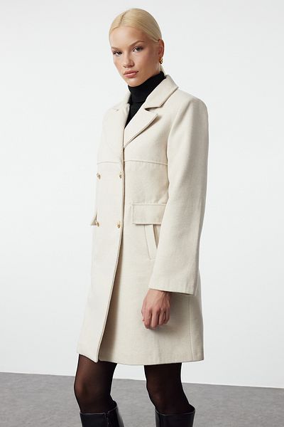 Trendyol Collection Ecru běžná vlněná midi kabát - s detailem prošívání Twoaw25kb00051