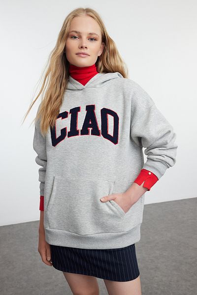 Trendyol Collection Fleece Gray MelangeOversizeHoodedSweatshirt- Slogan, Thick Inner Twoaw25sw00075