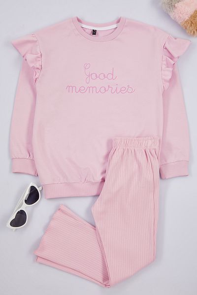 TRENDYOLKIDS Cotton Light Pink Slogan Set - Tkdaw25Au00005
