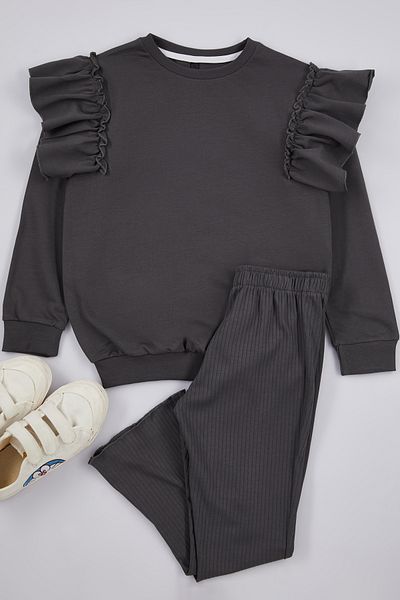 TRENDYOLKIDS Cotton Anthracite Slogan Set - Lower-Upper Set Tkdaw25Au00005