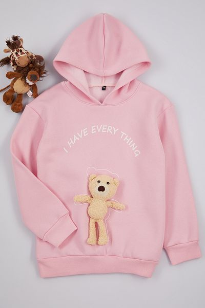 TRENDYOLKIDS Girl's Pink Knitted Sweatshirt - Teddy Bear and Hooded Tkdaw25sw00016