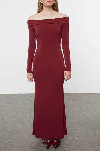 Trendyol Collection Flexible Maxi Knitted Dress - Claret Red Color Block, Carmen Collar, Body Fitting TWOAW25EL00221