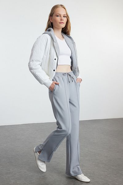 Trendyol Collection Παντελόνι με γκρι ίσιο κόψιμο με ραβδώσεις με μέση - TWOAW25PL00025