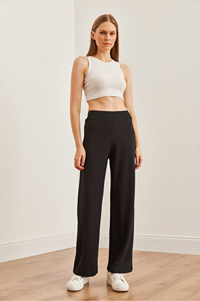 Olalook Kadın Siyah Kalın Fitilli Modal Tuşeli Palazzo Pantolon PNT-19000288