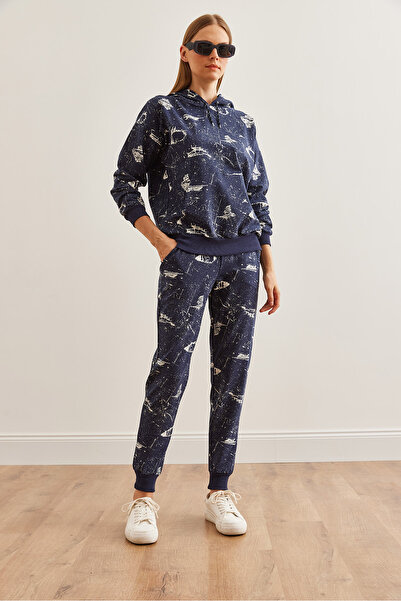 Olalook Темно-синій світшот з капюшоном і спортивний костюм з принтом ETKM0000067