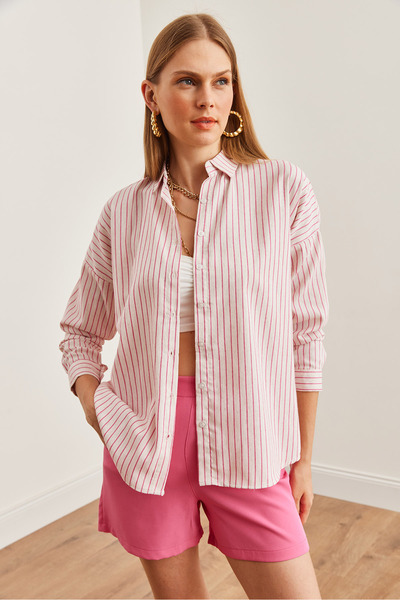 Olalook Γυναικείο πουκάμισο από φούξια νυχτερίδα ριγέ Oversize - Gml- 19001235