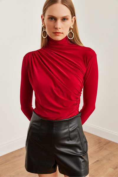 Olalook Burgundy Drape Detailed Stylish Women's Blouse - Blz- 19002712