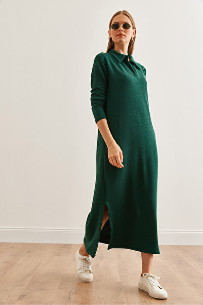 Olalook Kadın Zümrüt Yeşili Polo Yaka Uzun Kollu Yırtmaçlı Burgu Elbise ELB-19002246