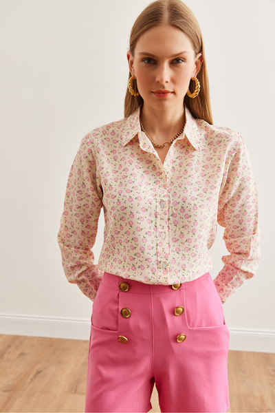 Olalook Kadın Papatya Pembe Dokuma Viskon Uzun Kollu Dökümlü Gömlek GML-19001234