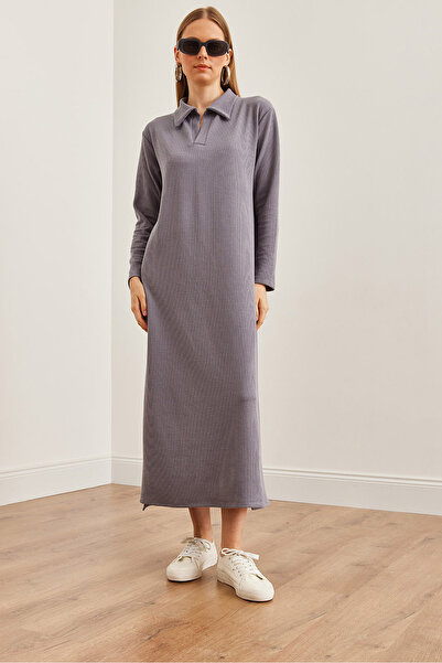 Olalook Gray Polo Collar Twist Dress - Long Sleeve and Slit Elb- 19002246