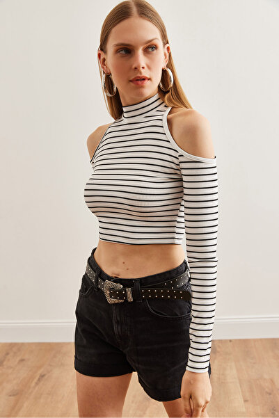 Olalook Bluză decupată cu umeri cu dungi albe - BLZ- 19002704