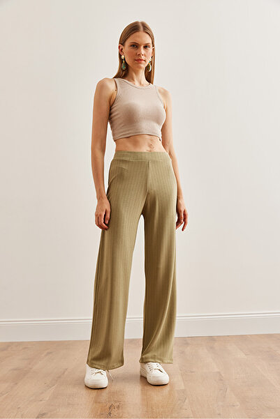 Olalook Kadın Su Yeşili Kalın Fitilli Modal Tuşeli Palazzo Pantolon PNT-19000288