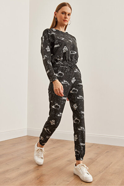 Olalook Μαύρο σετ φούτερ και αθλητική φόρμα Crop - Etkm- 0000066