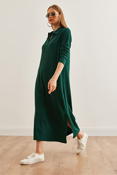 Olalook Kadın Zümrüt Yeşili Polo Yaka Uzun Kollu Yırtmaçlı Burgu Elbise ELB-19002246