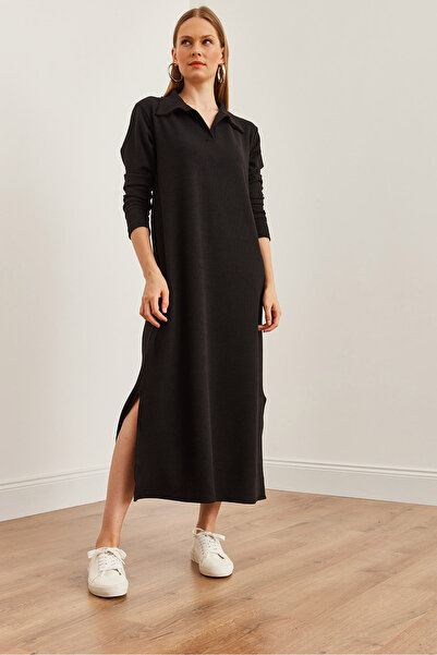 Olalook Schwarzes Twist-Kleid mit Polokragen – Lange Ärmel und Schlitz am Ellenbogen – 19002246