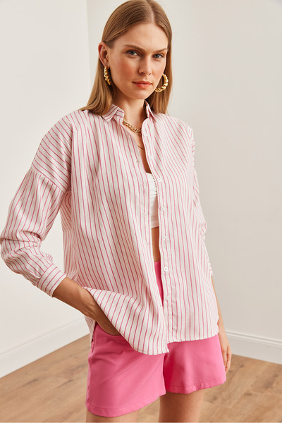 Olalook Γυναικείο πουκάμισο από φούξια νυχτερίδα ριγέ Oversize - Gml- 19001235