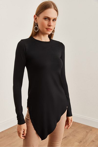 Olalook Schwarze asymmetrische Viskose-Tunika – Rundhalsausschnitt TNK- 19000097