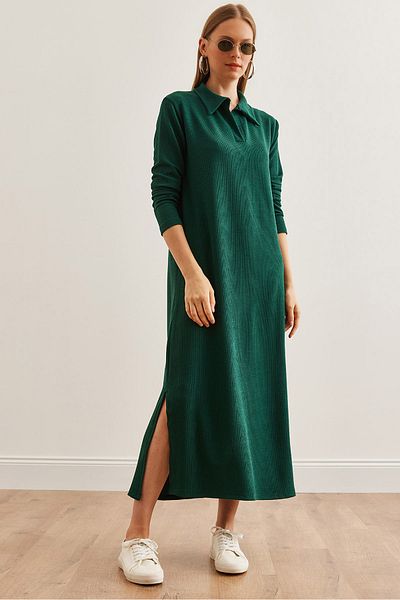 Olalook Emerald Green Twisted Polo Collar φόρεμα - μακρυμάνικο και σχιστό αγκώνα- 19002246