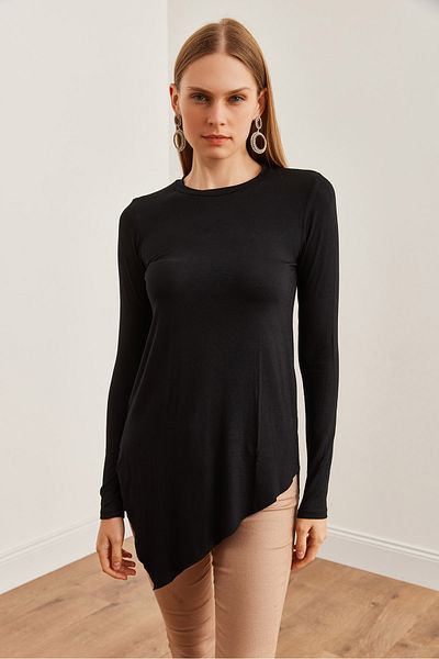 Olalook Schwarze asymmetrische Viskose-Tunika – Rundhalsausschnitt TNK- 19000097