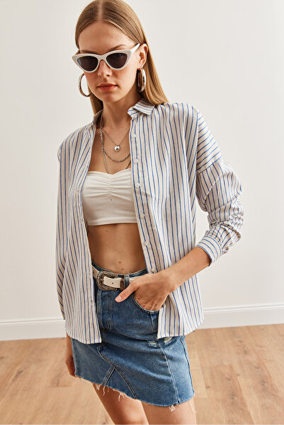 Olalook Saks kék denevér csíkos túlméretezett len ​​női ing - Gml- 19001235