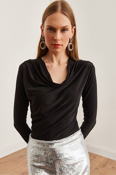 Olalook Μαύρη Degaje Collar γυναικεία μπλούζα - Flowy, Blz- 19002713